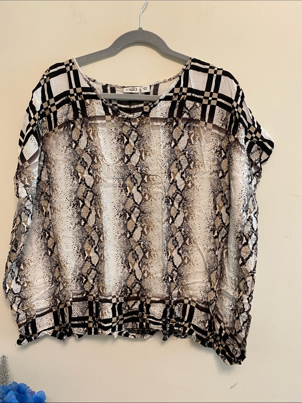 Cato Black & Cream Snake-Print Short Sleeve Blouse
